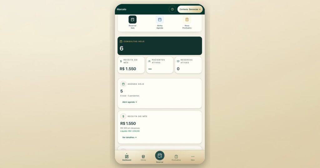 Tela do App M.CO Pro com agenda, consultas do dia e receita do mês (dados fictícios)